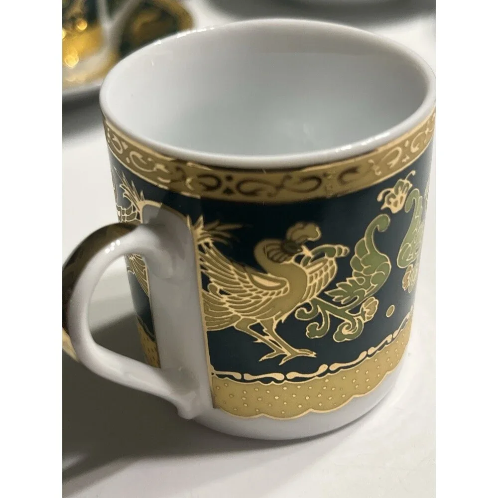 Italy Design Heavy Gold & Green Chicken Rooster Floral Demitasse Cup Saucer 10pc